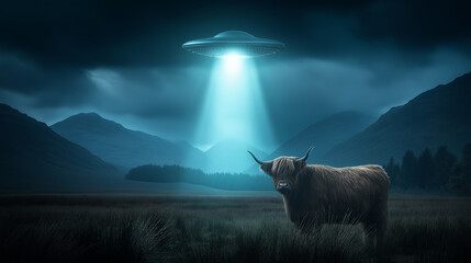 Aufkleber - Ufo abducting highland cow in scotland at night