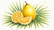 © Endry Creator - A bright yellow citrus fruit, whole and halved, is displayed on a bed of green leaves, showcasing juicy segments and a vivid, refreshing look. Generative, AI,