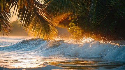 Wall Mural - tropical paradise waves crash against golden shoreline, palm fronds silhouetted against vibrant suns