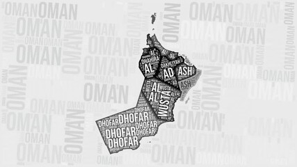 Poster - Oman Animation. Visual effect of Oman regions appearing in black and white word clouds style. Country intro video. Awesome Animated Motion Graphics.