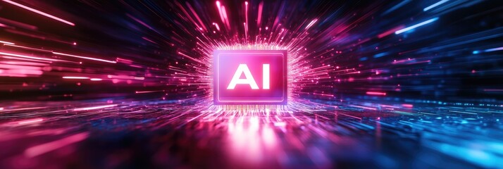 Poster - Electric Ai Core Radiating Pink and Blue Particle Streams Showcasing Future Technology and Computing Power with Neon Glowing Effects