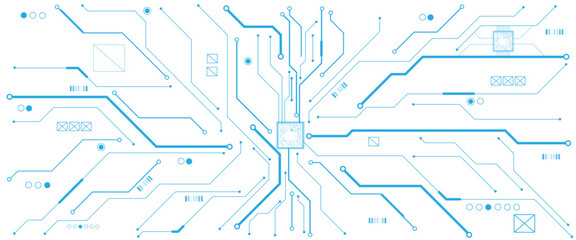 Aufkleber - Vector white abstract ON power button in the center of futuristic circuit board with light glowing wires on technology background.
