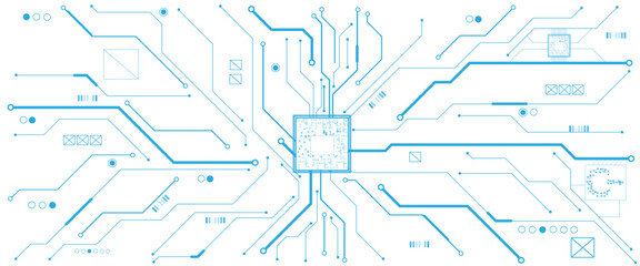 Fototapete - Vector white abstract ON power button in the center of futuristic circuit board with light glowing wires on technology background.