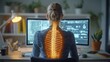 Woman Working at Computer with Glowing Spine Visualization