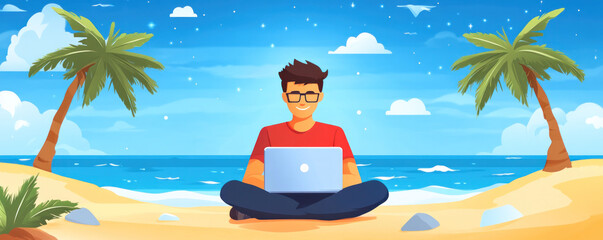 Poster - A man is sitting on the beach with a laptop in front of him. He is smiling and he is enjoying his time. Concept of relaxation and leisure