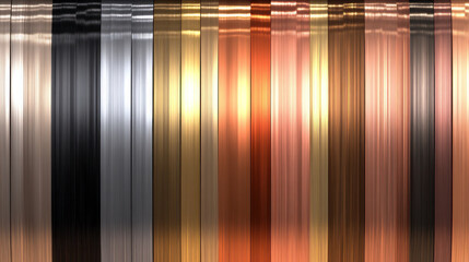 Poster - A row of hair with different colors, including black, brown, and gold. The hair is shiny and looks like it's made of metal