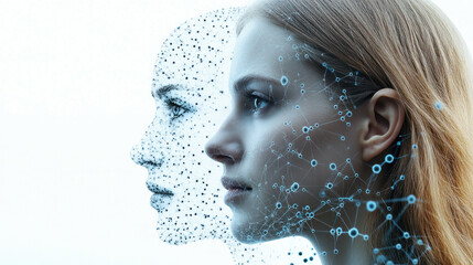 Poster - A woman's face is shown in two different ways, one with a lot of dots and the other with a more detailed look. Concept of technology and the way it can manipulate and alter images