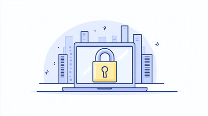 Poster - A laptop with a yellow lock on it. The lock is on the screen and the laptop is on a white background