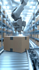 Poster - A robot is working on a box in a warehouse. The robot is in the middle of the box and is working on it