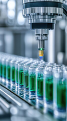 Poster - A machine is filling green bottles with liquid. The bottles are lined up on a conveyor belt