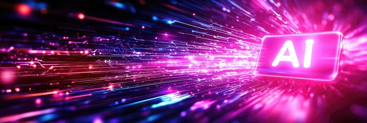 Poster - Futuristic Ai Artificial Intelligence Concept with Pink Illuminated Letters And Blue And Purple Light Streaks on Dark Background