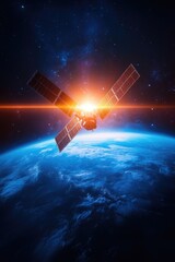 Poster - Futuristic Illuminated Cross Structure Orbiting Blue Earth in Space with Radiant Sunrise and Stars Abstract Illustration