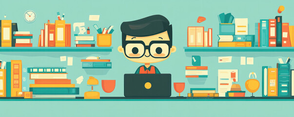 Poster - A man is sitting at a desk with a laptop and a cup of coffee. He is wearing glasses and he is working. The background features a bookshelf filled with books