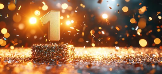 Poster - Glistening Gold Number One With Sparkling Confetti Against Blurred Light Background