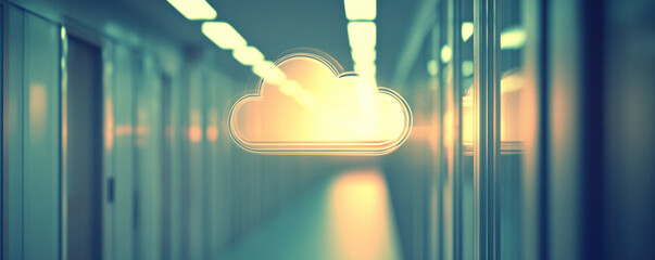 Poster - A computer server room with a large cloud symbol on the wall. The room is dimly lit, giving it a mysterious and somewhat ominous atmosphere. The cloud symbol represents the vast amount of data