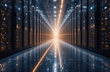 Leinwandbilder - A futuristic data center hallway stretches towards a bright, glowing center. Server racks line the sides, with a polished floor reflecting the lights. Hints of neon blue and orange illuminate the spac