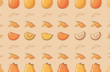 Poster - A seamless pattern featuring rows of whole and sliced fruits in warm, autumnal tones.  The repeating design is ideal for an avatar or digital background.