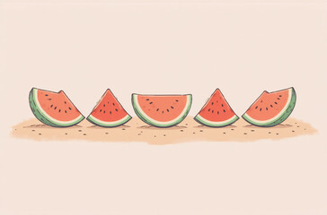 Poster - Five watermelon slices arranged on a sandy beach, a summery illustration perfect as an avatar.