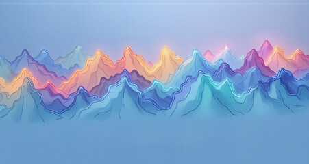 Aufkleber - A colorful, abstract illustration depicts layered mountain-like formations in a variety of vibrant hues. The peaks have an ethereal, glowing quality against a soft, light blue background.