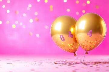 Poster - Golden Balloons Adorned with Purple Butterflies and Confetti against Bokeh Pink Background Celebration and Festive Atmosphere