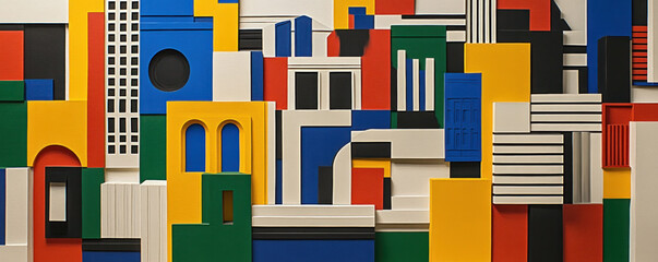 Poster - A colorful cityscape made of blocks and squares. The blocks are of different colors and sizes, and they are arranged in a way that creates a sense of depth and movement. Scene is vibrant and dynamic
