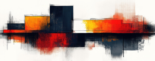Poster - A painting of a city skyline with a red, yellow, and black color scheme. The painting is abstract and has a sense of chaos and disorder