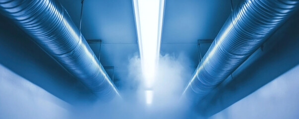 Poster - A blue and white color scheme with a focus on the steam coming out of the pipes. The steam is rising and creating a foggy atmosphere, giving the impression of a cold and damp environment