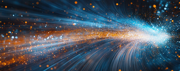 Poster - A blue and orange light trail with many small dots. The light trail is long and it looks like it is moving