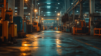 Poster - A large industrial building with a lot of machinery and equipment. The lights are on and the floor is wet
