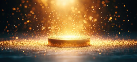 Poster - Golden Light Illuminates a Central Pedestal with Glowing Particles on Dark Backdrop Creating a Magical and Celebratory Atmosphere with Abstract Design