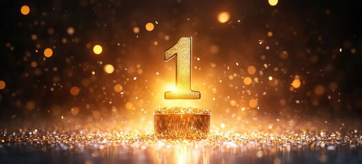 Poster - Golden Number One Glittering on Shimmering Platform with Bokeh Lights Showcasing Success Achievement Victory and Luxury in Festive Ambiance