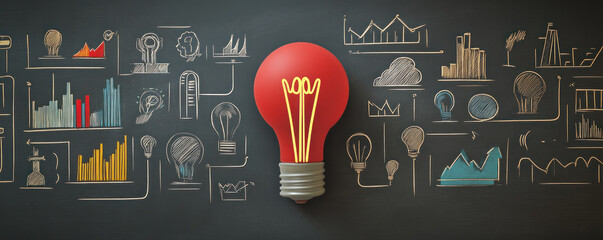 Poster - A light bulb is surrounded by a bunch of graphs and charts. The light bulb is lit up, and the graphs and charts are all around it. Concept of innovation and creativity