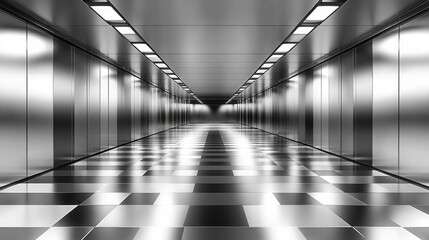 Poster - A long, empty hallway with a checkered floor. The walls are made of metal and the ceiling is lit up. The emptiness of the hallway gives off a feeling of loneliness and isolation