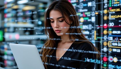 Poster - Businesswoman Using Laptop with Data Visualizations and Stock Market Charts Overlay in Digital Financial Trading Environment with Modern Technology