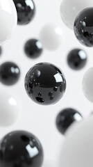 Poster - A bunch of black and white balls are floating in the air. The balls are of different sizes and are scattered all over the image. The image has a sense of motion and energy