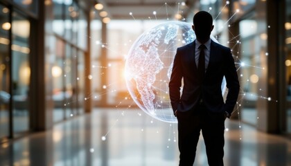 Poster - Businessman standing confidently in modern office lobby with digital globe and futuristic digital connections representing global communication and technology