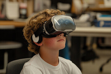 Poster - A boy wearing a virtual reality headset is looking at a screen. The boy is wearing headphones and he is focused on the screen
