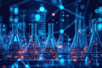 Poster - A group of glass beakers are lit up in a blue and purple color scheme. The beakers are arranged in a row, with some of them being taller than others. Scene is one of scientific experimentation