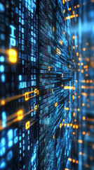 Poster - A computer screen with a blue and orange background and a row of numbers. The numbers are in binary code and are arranged in a long line. Concept of technology and complexity