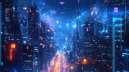 Poster - Futuristic Cityscape: Neon Lights Illuminate a Dystopian Urban Metropolis at Night