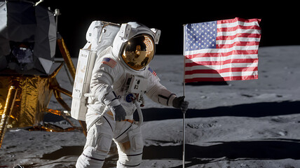 Wall Mural - Astronaut plants the American flag on the lunar surface with the landing module visible in the background against the dark sky.