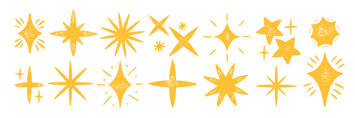 Aufkleber - Set of stars and magic sparks with crayon, pastel or chalk texture. Doodle sparkles with organic texture for collage or kids design. Yellow vector illustration on a white background.