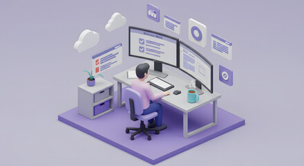 Isometric 3D Illustration: Programmer Working on Multiple Screens with Cloud Data
