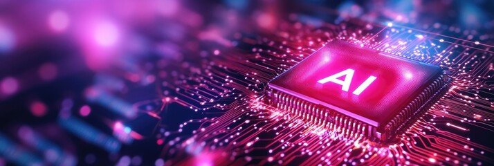 Poster - pink ai computer chip on motherboard circuit macro shot on dark background