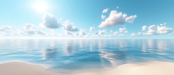 sunny beach with calm ocean and fluffy clouds.