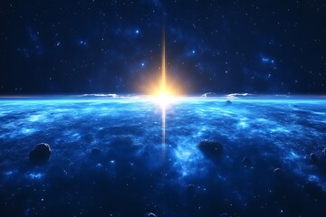 Wall Mural - Sunrise over alien planet with asteroids.