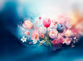 Fototapete - A vibrant floral bouquet in a watercolor style, with various flower types in shades of pink, blue, and peach set against a dreamy, blurred background with hints of sky.