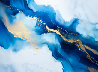Poster - Here's a description of the image and associated keywords, following your rules:

Abstract fluid art in shades of deep, light, and ocean blue with touches of gold, suggesting waves and currents. The c