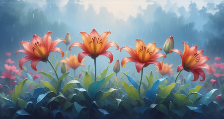 Poster - Vibrant orange flowers bloom in a lush garden, bathed in gentle rain. The scene feels serene. Other colorful flora around. Sunlight is peeking from the forest.