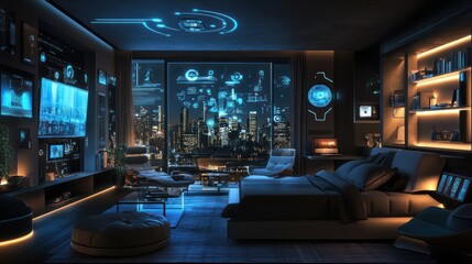 Poster - High-Tech Bedroom with Futuristic Interface and Panoramic Cityscape at Night